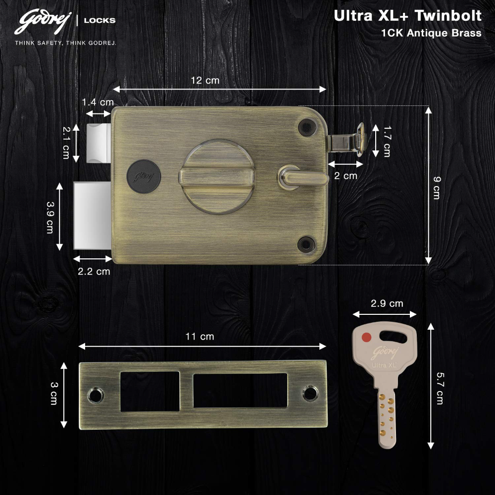 Godrej Rim Lock I Twinbolt Ultra XL plus I 1CK Latchbolt I For Outside Opening Door l LeftorRight Handed Doors I 4 Keys I 5-Year Warranty I Automatic Locking l Antique Copper Finish
